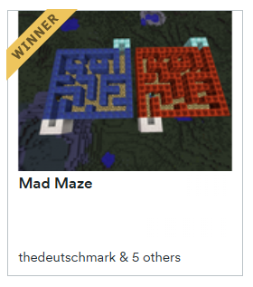 Mad Maze — 2014 hackathon project card showing a top-down Minecraft maze split into blue and red sides with a WINNER ribbon.